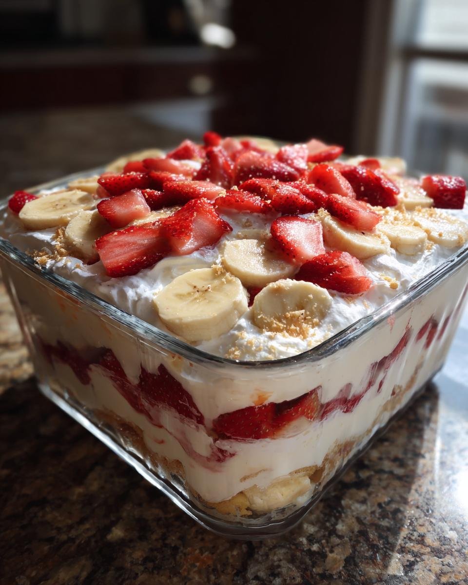 A delicious Southern Strawberry Banana Pudding in a glass dish, topped with fresh strawberries and bananas.