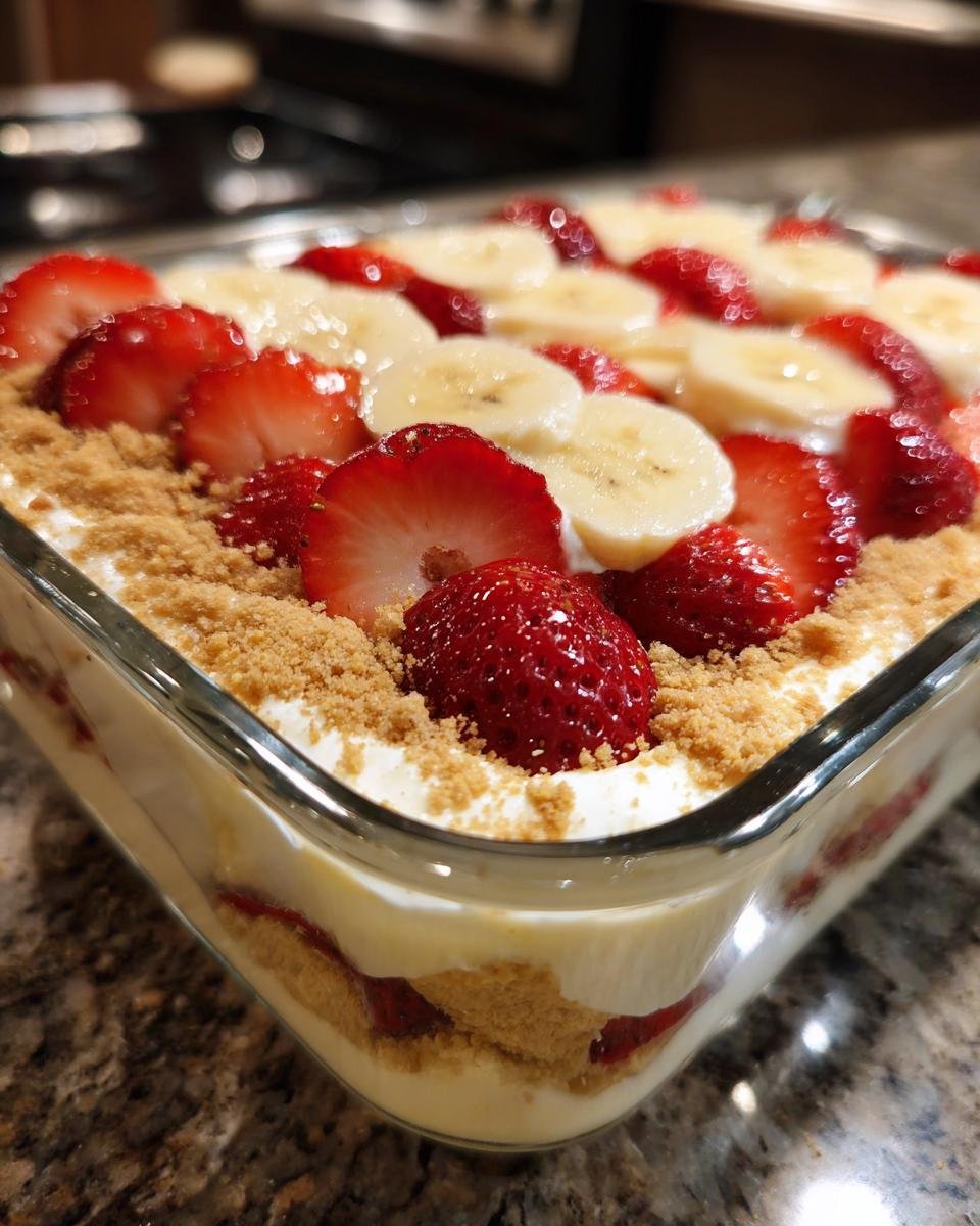 Close-up of a Southern Strawberry Banana Pudding in a glass dish, topped with fresh strawberries and banana slices.