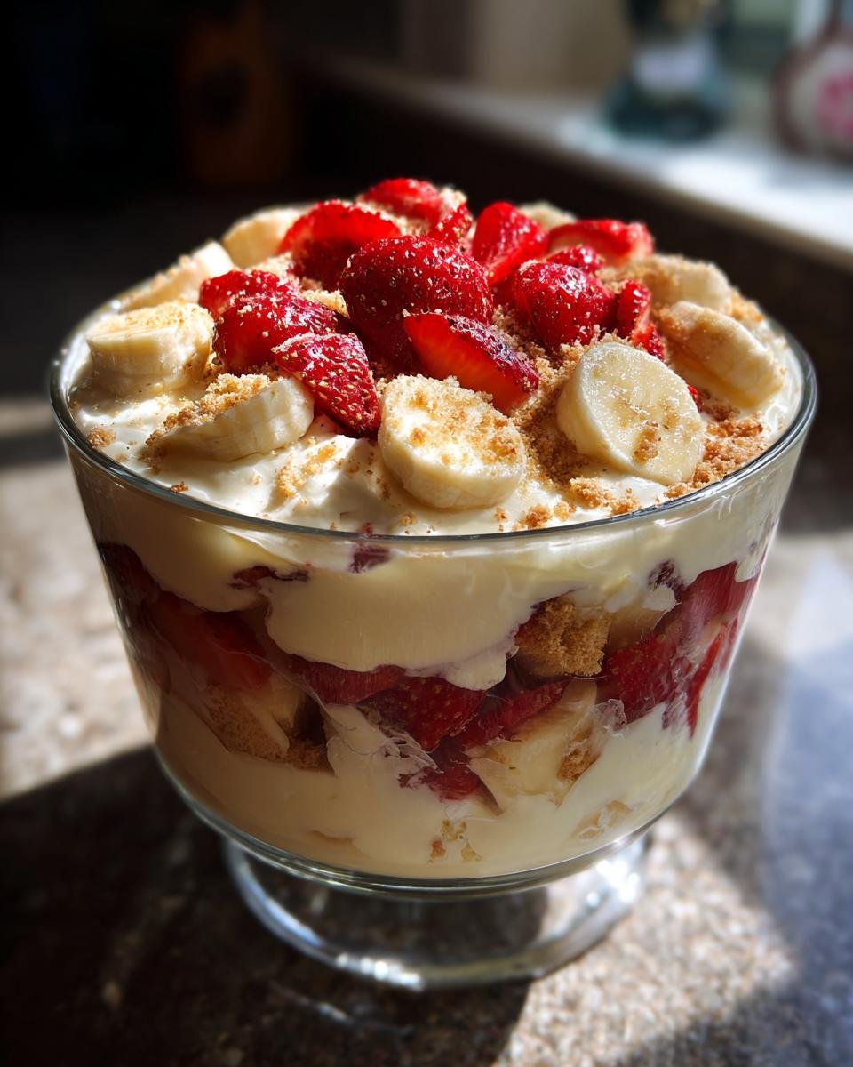A beautiful Southern Strawberry Banana Pudding layered in a glass trifle dish, topped with fresh strawberries and bananas.