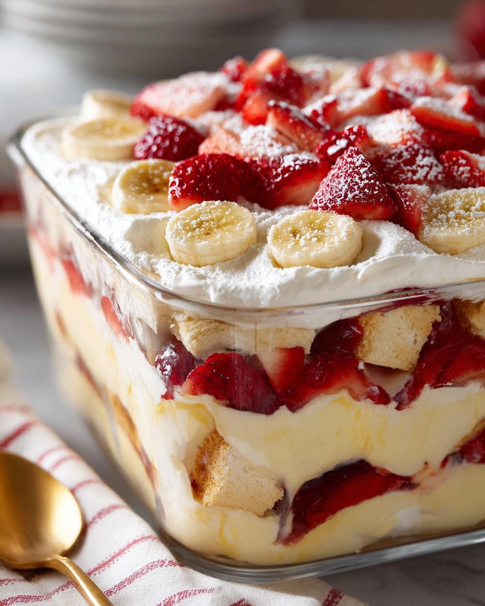 A close-up of Southern Strawberry Banana Pudding in a glass trifle dish, topped with strawberries and bananas.