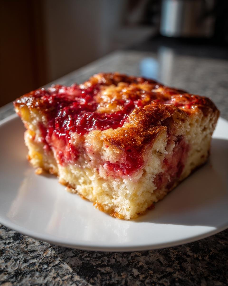 A square slice of moist Southern Strawberry Dump Cake with bright red fruit baked into a golden crust, served on a white plate.
