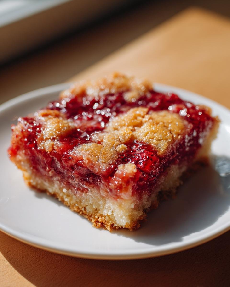 A square slice of Southern Strawberry Dump Cake featuring a thick, glossy strawberry filling and a golden crumb topping on a white plate.