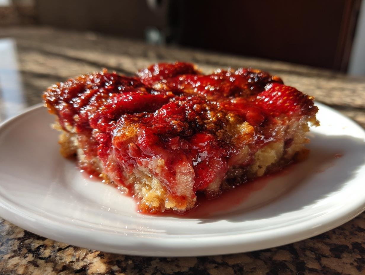 A close-up of a moist slice of Southern Strawberry Dump Cake with a glistening strawberry topping on a white plate.