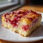 A close-up, appetizing slice of Southern Strawberry Dump Cake showing moist yellow cake and bright red strawberry filling.