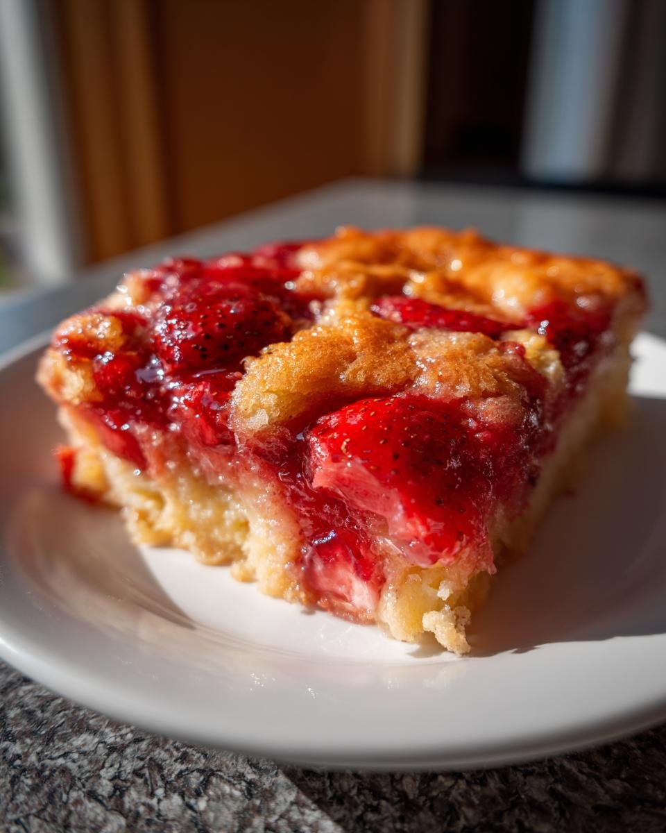 Close-up of a moist slice of Southern Strawberry Dump Cake with bright red strawberries on a white plate.