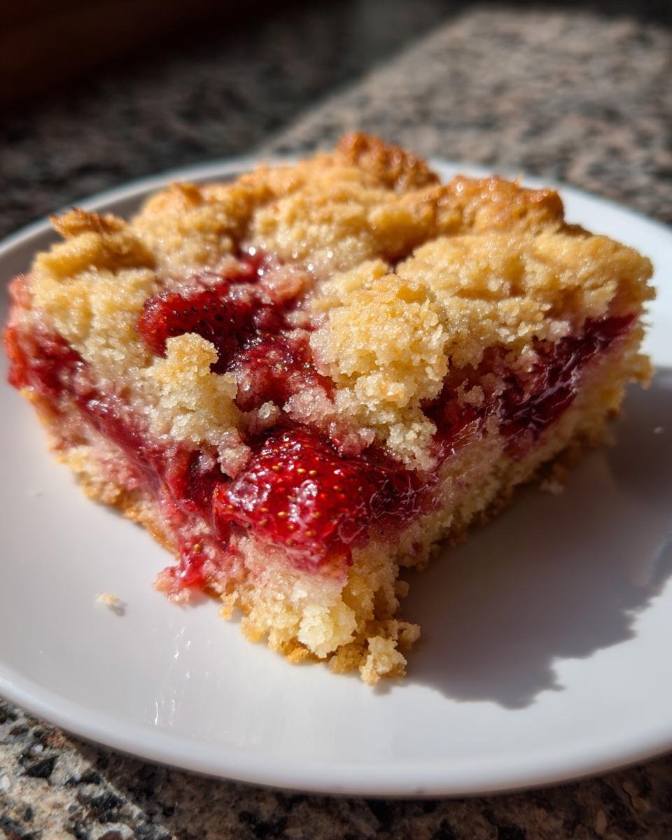 Close-up of a moist slice of Southern Strawberry Dump Cake showing bright red strawberries and a golden crumb topping.