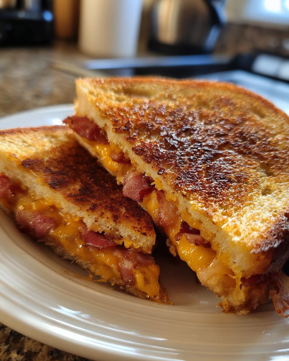 Close-up of a Southern Style Bacon Grilled Cheese Sandwich, cut in half, showing melted cheese and crispy bacon.