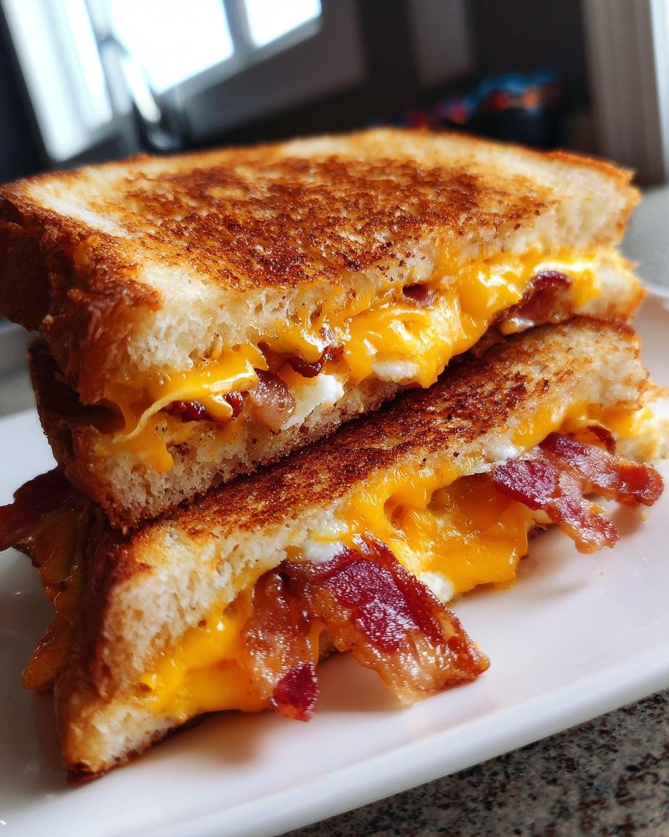 A close-up of a Southern Style Bacon Grilled Cheese Sandwich, stacked, with melted cheese and crispy bacon.