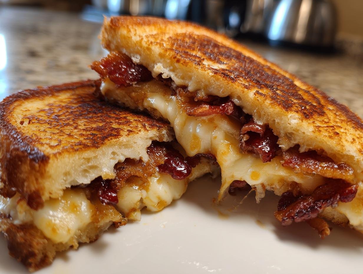 A close-up of a Southern Style Bacon Grilled Cheese Sandwich, cut in half, showing melted cheese and crispy bacon.