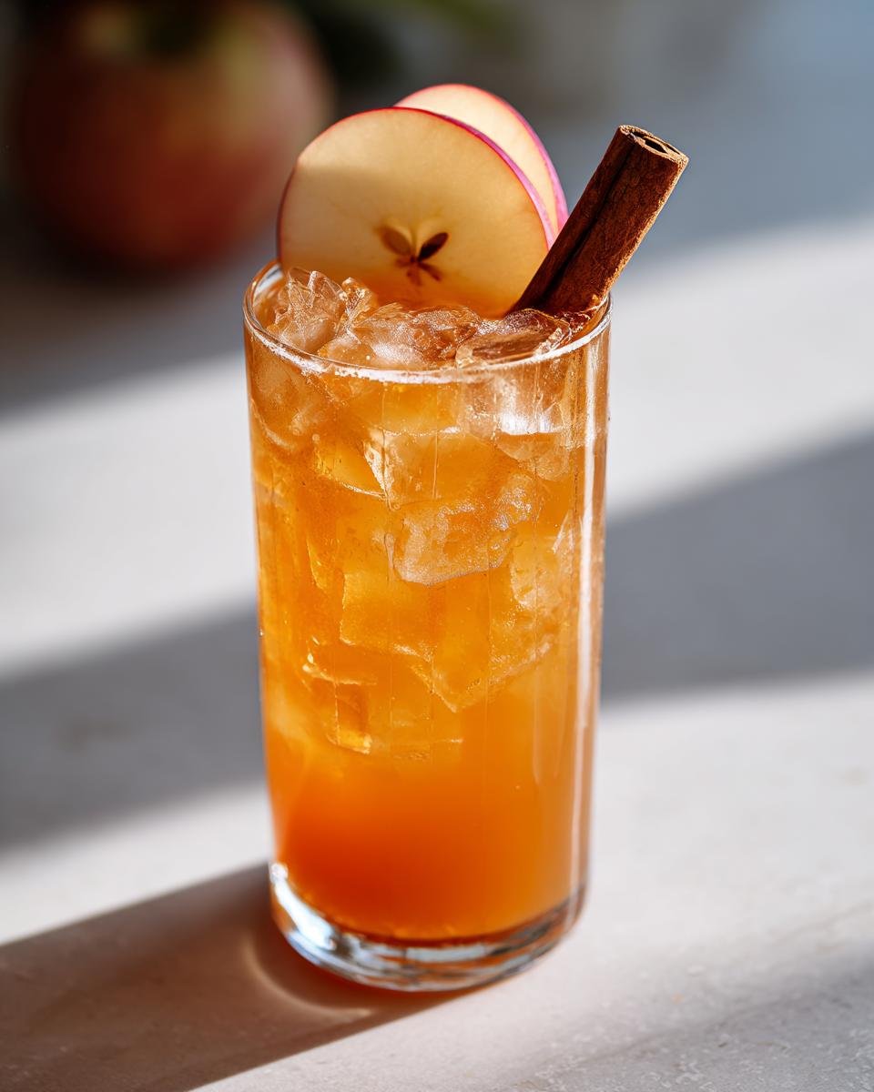 A tall glass filled with ice and a vibrant orange Spiced Apple Bourbon Mocktail, garnished with apple slices and a cinnamon stick.
