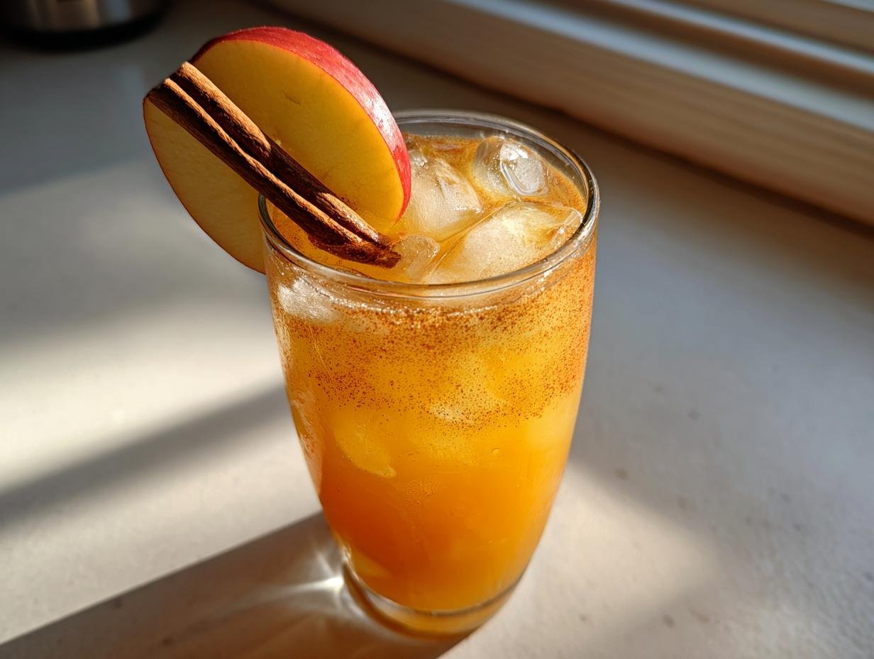 A glass filled with an orange Spiced Apple Bourbon Mocktail, ice, and garnished with an apple slice and cinnamon sticks.