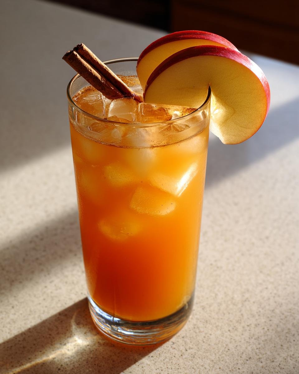 A tall glass filled with an orange Spiced Apple Bourbon Mocktail over ice, garnished with cinnamon sticks and apple slices.
