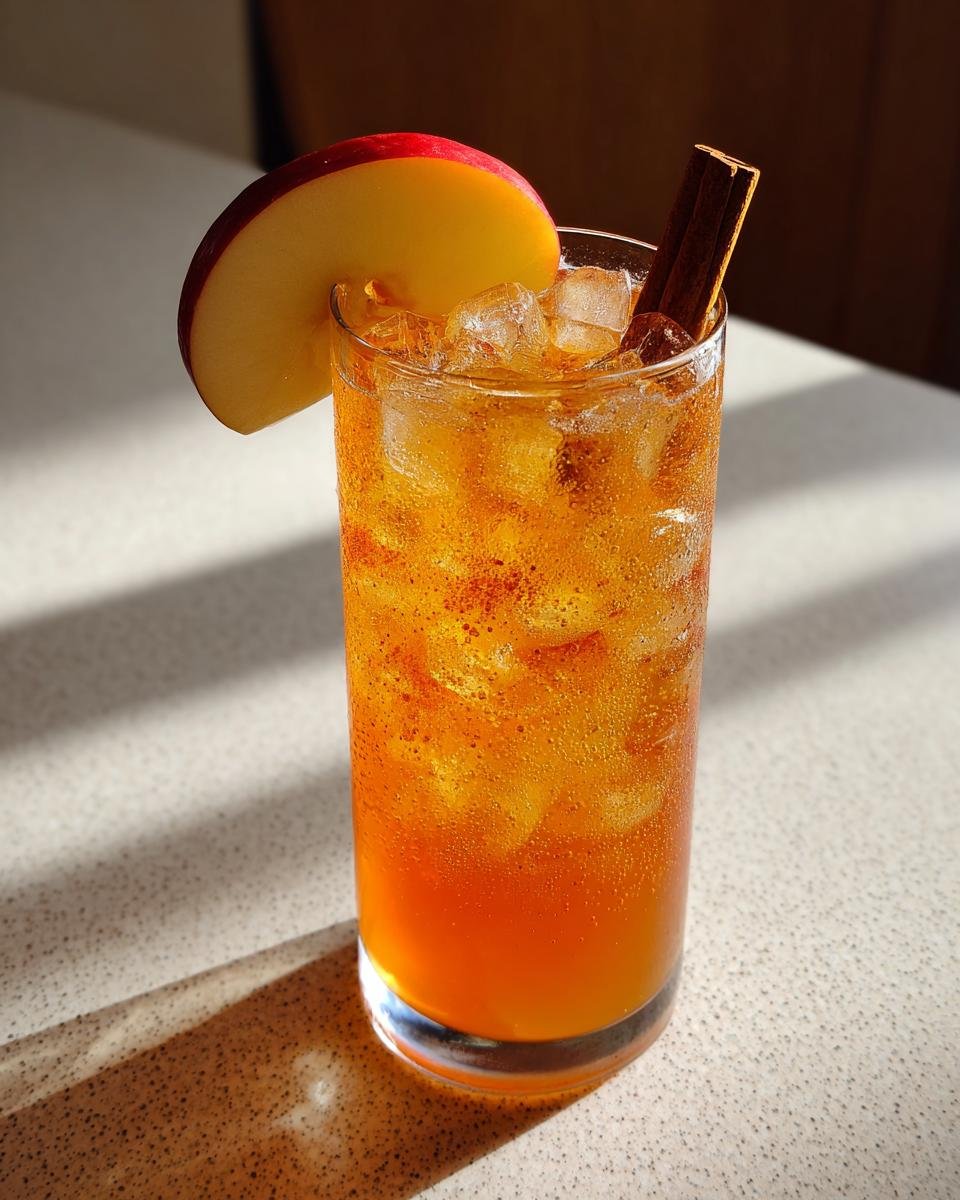 Tall glass filled with an iced Spiced Apple Bourbon Mocktail, garnished with an apple slice and cinnamon stick.