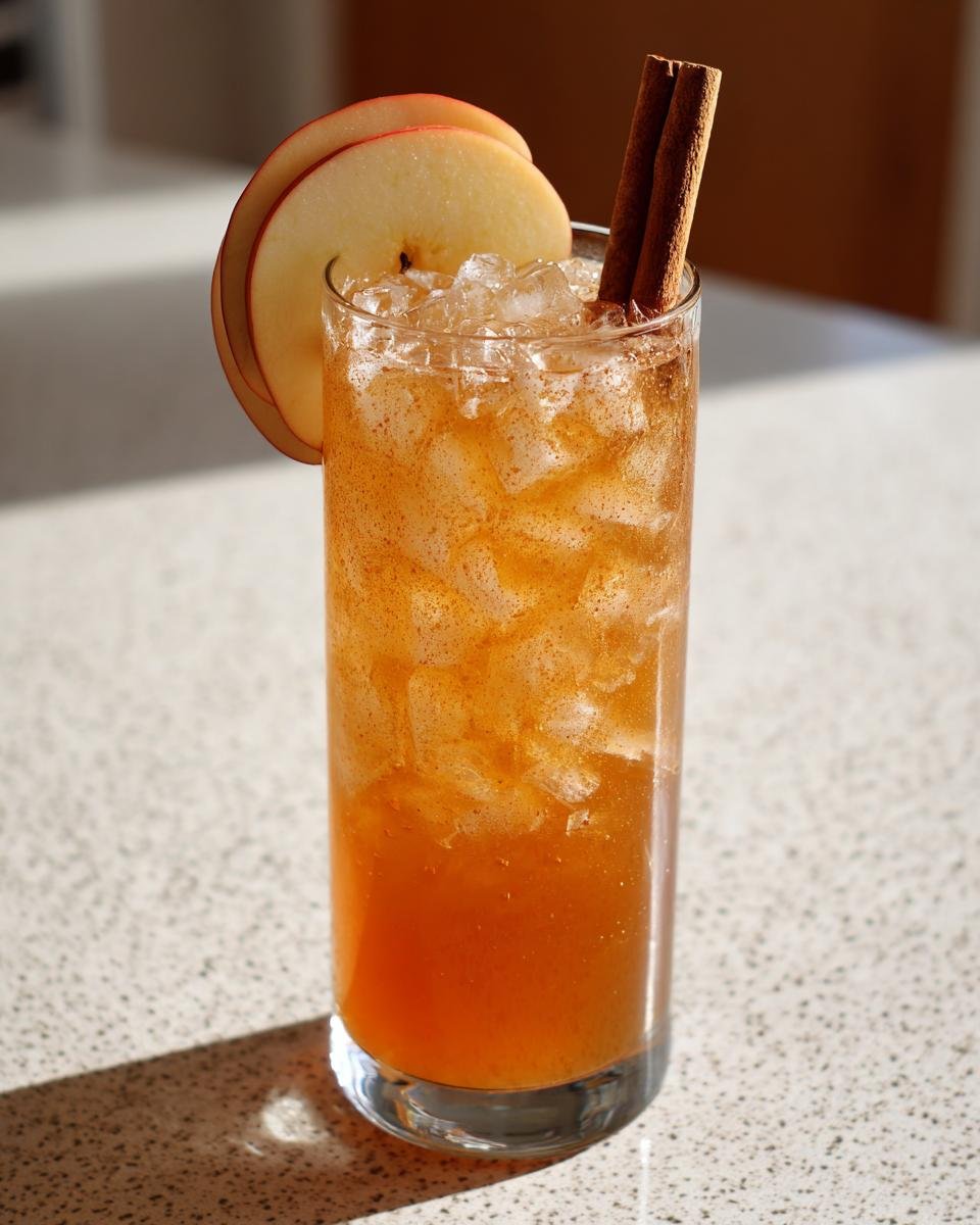 Tall glass filled with a Spiced Apple Bourbon Mocktail, crushed ice, and garnished with apple slices and a cinnamon stick.