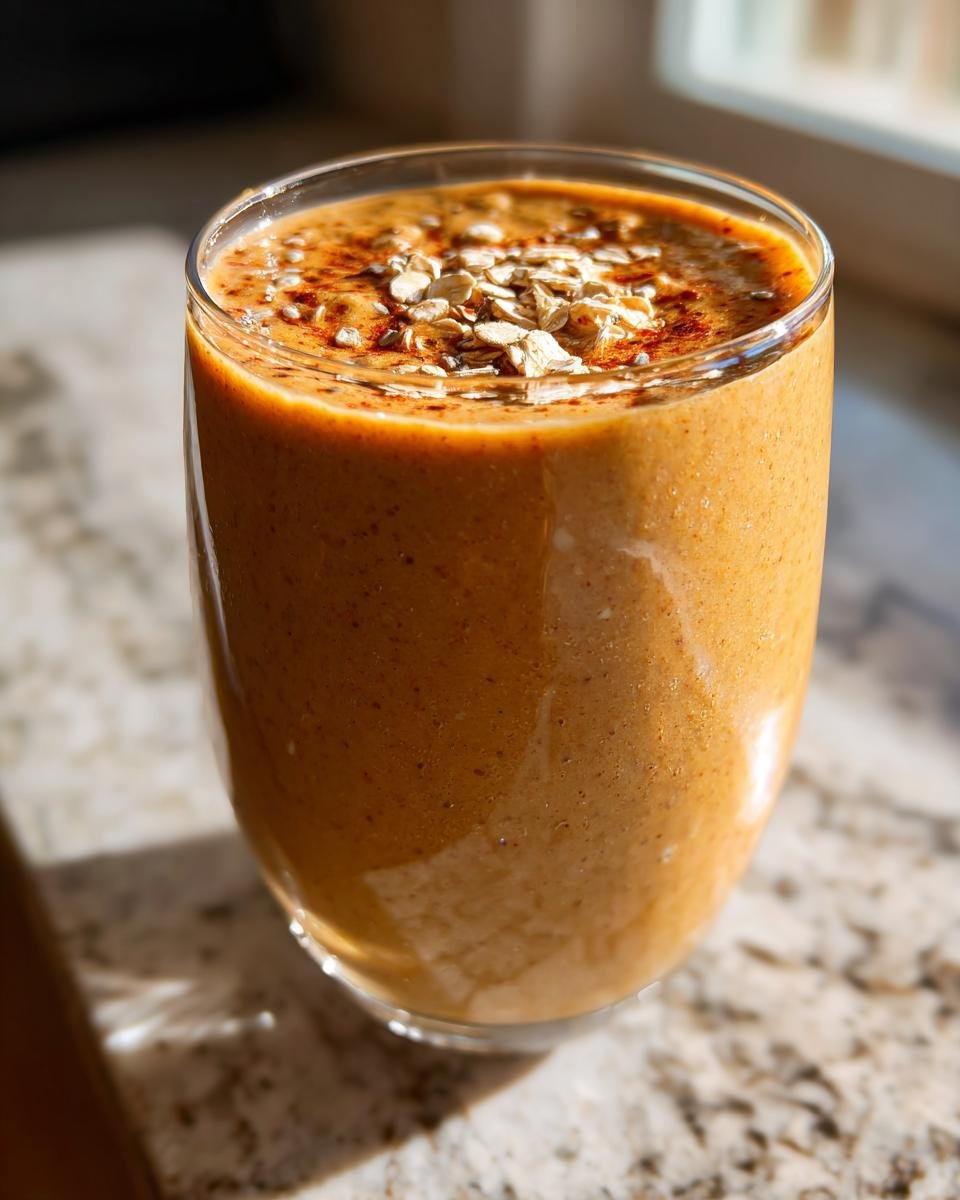 A close-up of a Spiced Apple Butter Oat Smoothie in a glass, topped with oats and cinnamon.