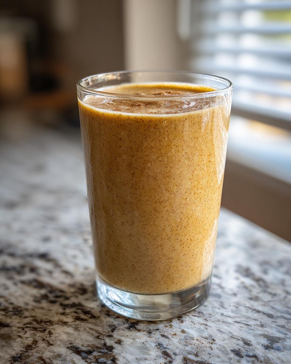 A tall glass filled with a creamy Spiced Apple Butter Oat Smoothie, lightly dusted with cinnamon on top.