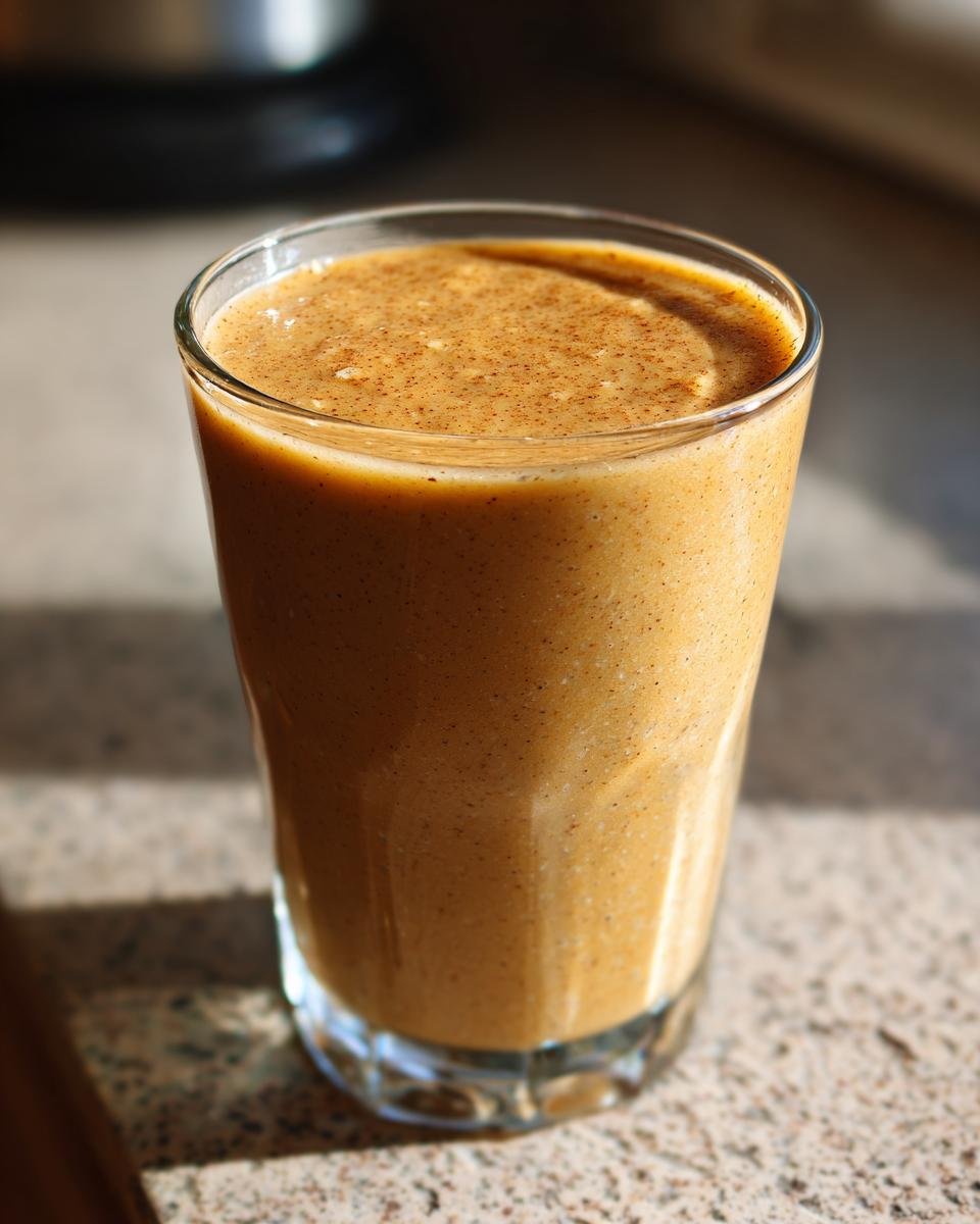 A close-up of a glass filled with a creamy Spiced Apple Butter Oat Smoothie, with visible spice specks.