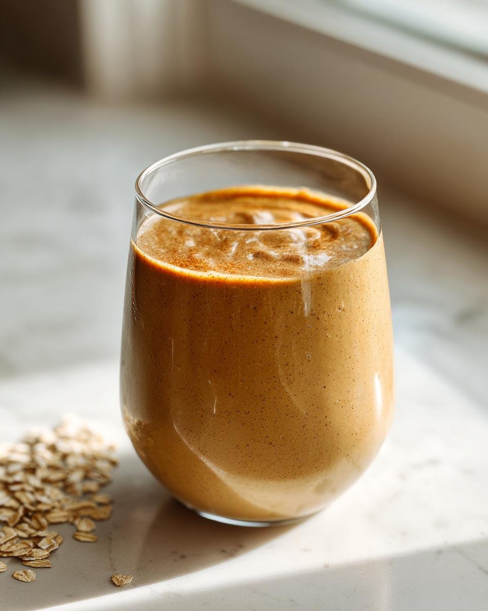 A glass of Spiced Apple Butter Oat Smoothie with a side of rolled oats on a marble countertop.