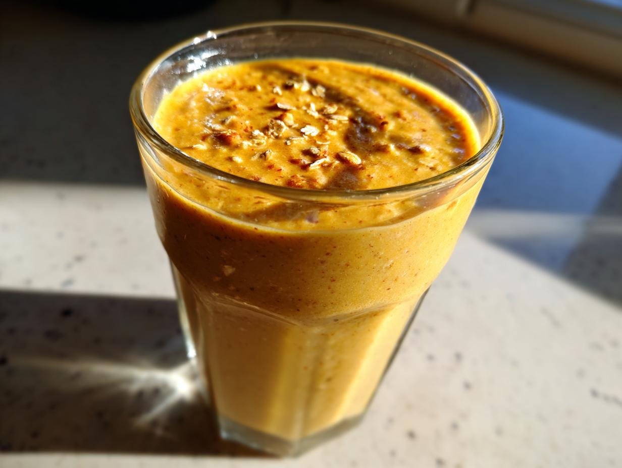 A close-up of a Spiced Apple Butter Oat Smoothie in a clear glass, topped with oats and spices.
