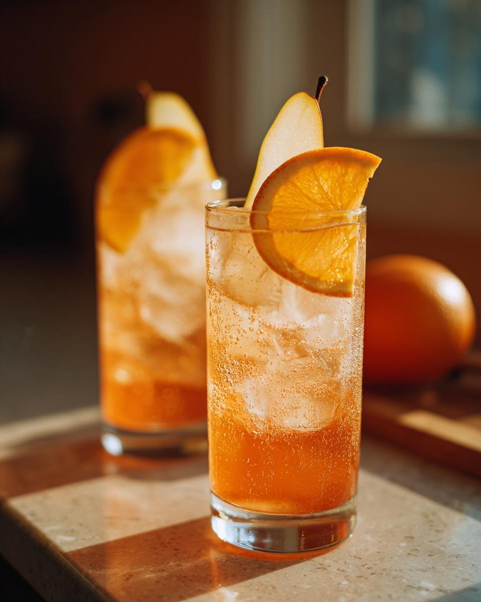 Two tall glasses filled with an effervescent Spiced Maple Citrus Pear Mocktail, garnished with orange slices and pear wedges.