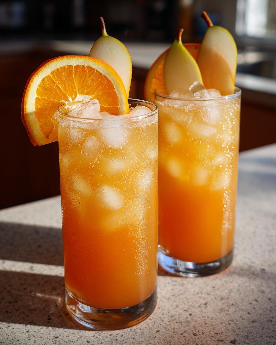 Two tall glasses filled with the Spiced Maple Citrus Pear Mocktail, garnished with orange slices and pear wedges.