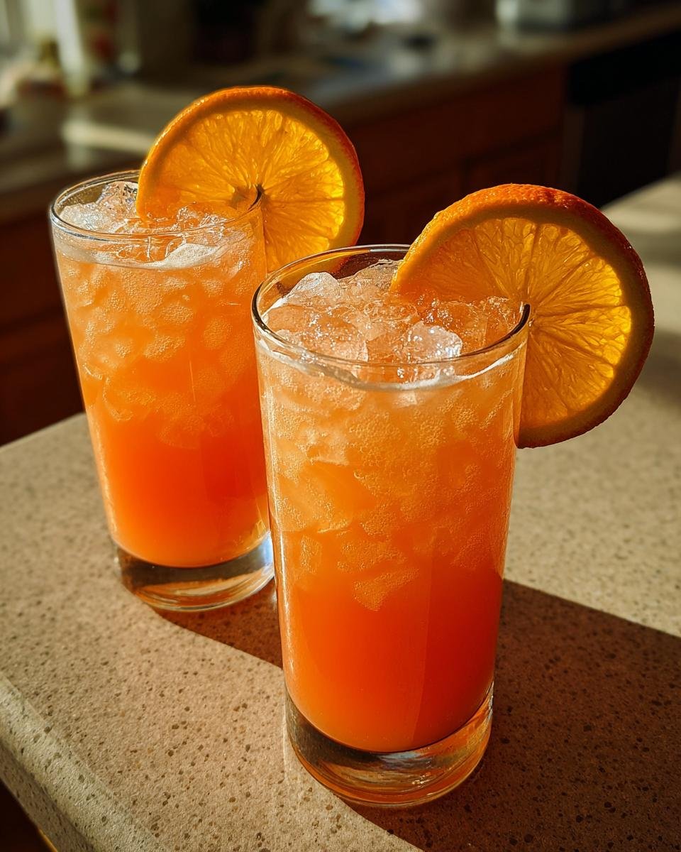 Two tall glasses filled with bright orange Spiced Maple Citrus Pear Mocktail, crushed ice, and garnished with orange slices.