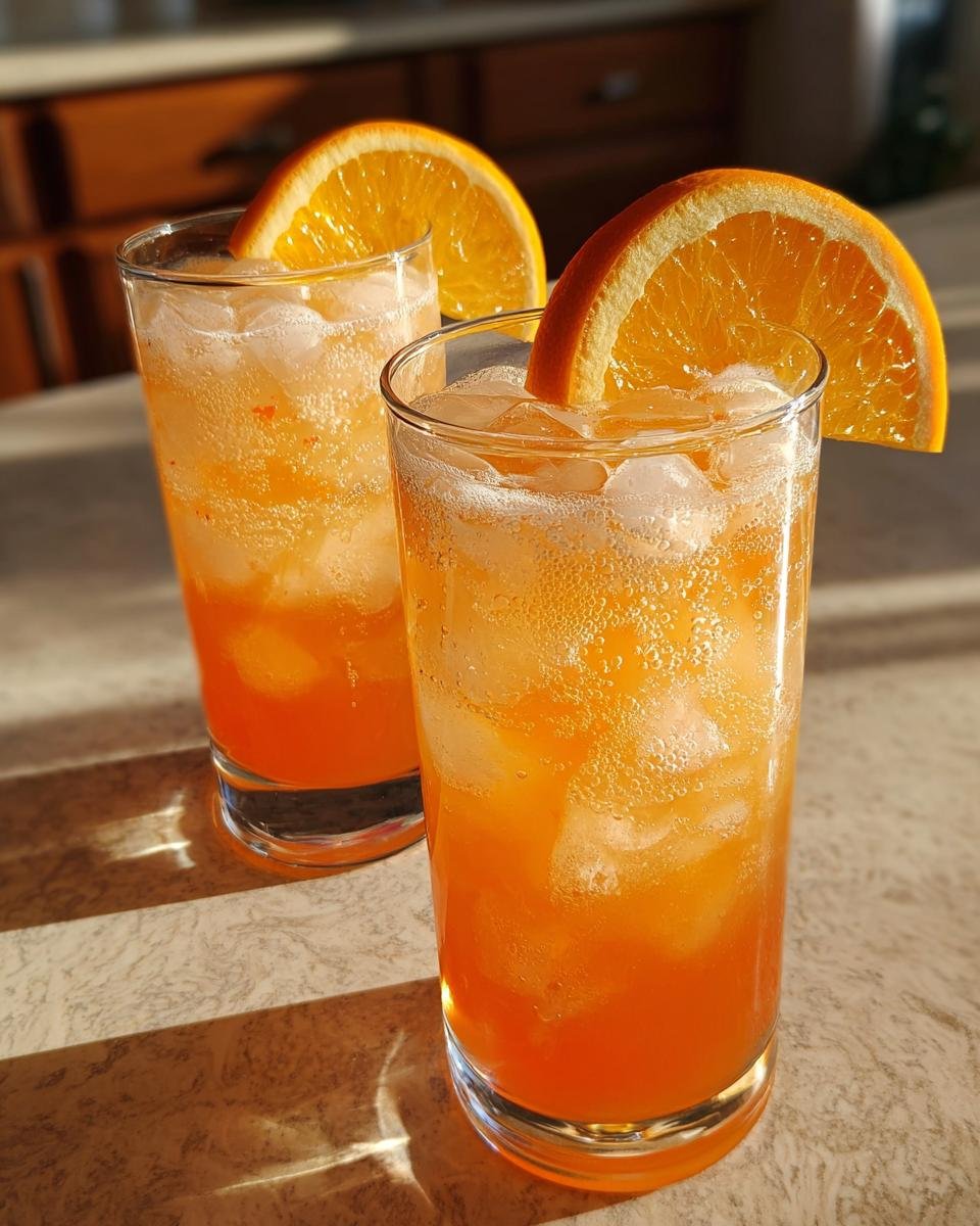 Two tall glasses filled with an orange Spiced Maple Citrus Pear Mocktail, ice, and garnished with fresh orange slices.