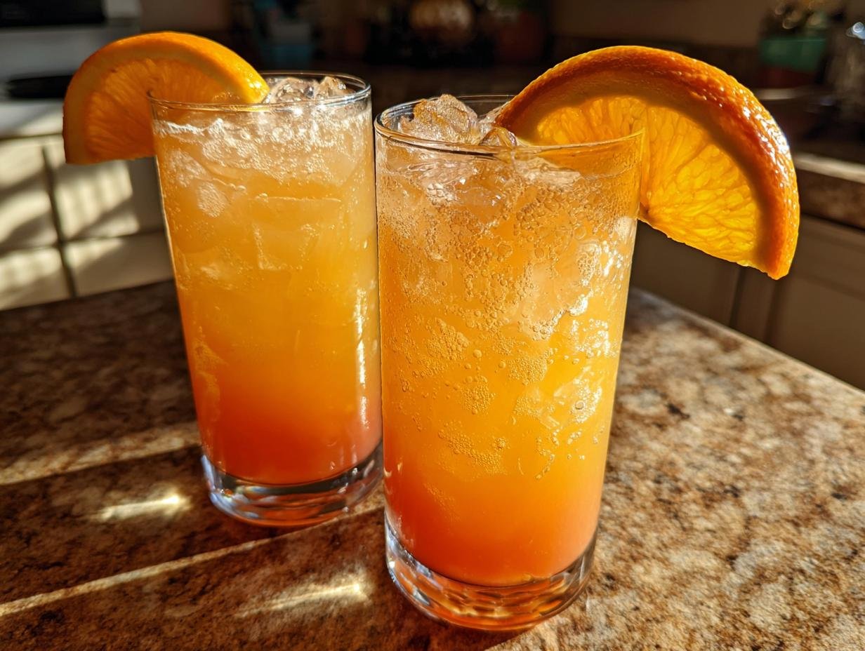 Two tall glasses filled with a vibrant orange Spiced Maple Citrus Pear Mocktail, garnished with fresh orange slices.
