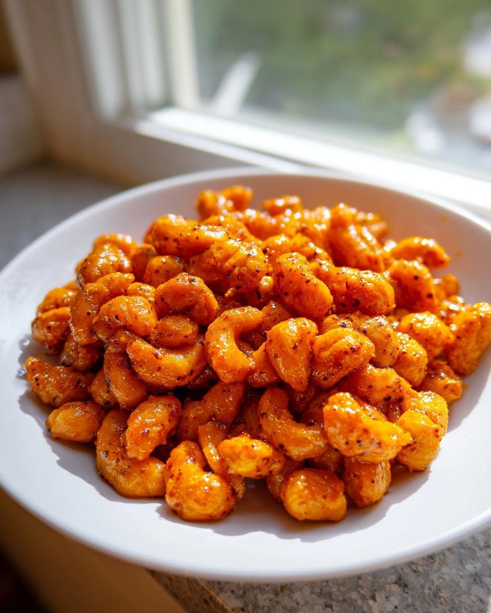 A white bowl filled with glossy, orange-coated Spicy Butter Chickpeas, glistening under natural light.