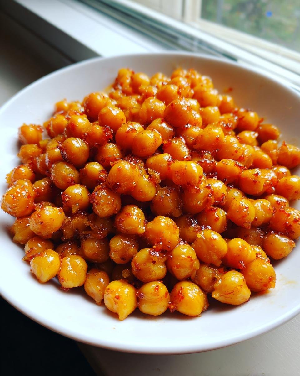 A close-up shot of glossy, orange-red coated Spicy Butter Chickpeas served in a white bowl near a window.
