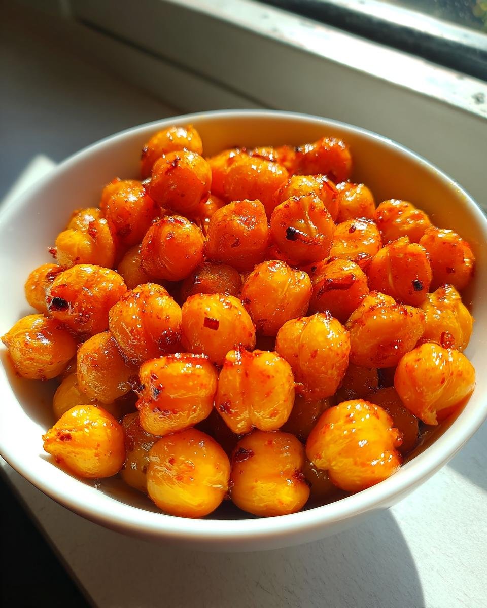 Close-up of bright orange, glazed Spicy Butter Chickpeas served in a white bowl near a window.