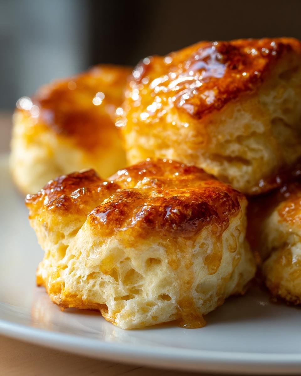 Close-up of flaky Spicy Honey Butter Biscuits glistening with a honey glaze.