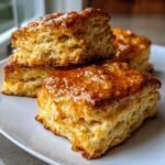 A stack of flaky Spicy Honey Butter Biscuits, generously drizzled with a glistening honey glaze.