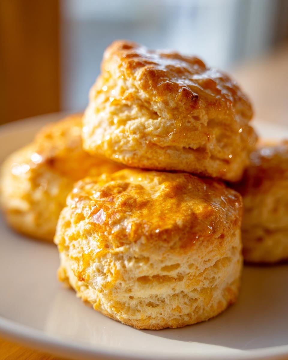 A stack of golden brown Spicy Honey Butter Biscuits glistening with a honey glaze.