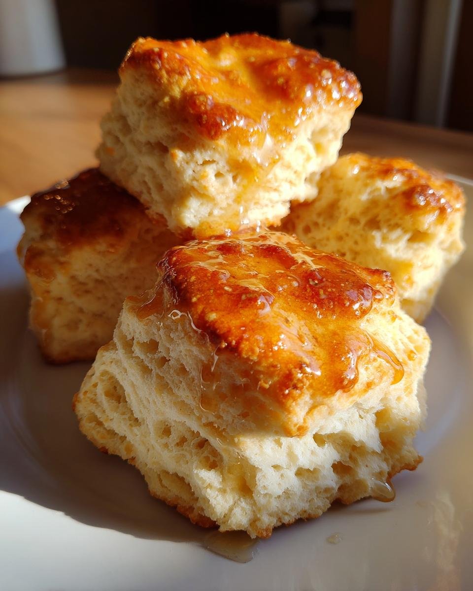 A stack of golden-brown Spicy Honey Butter Biscuits glistening with honey glaze.