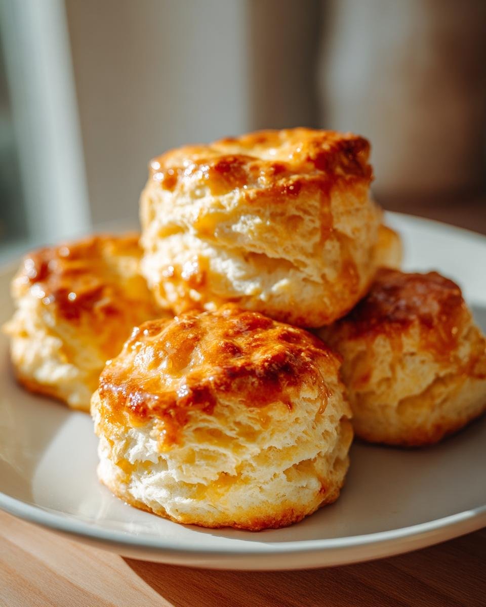 A stack of golden-brown Spicy Honey Butter Biscuits with flaky layers, glistening with a honey glaze.