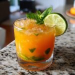A close-up of a Spicy Mango Lime Mocktail in a glass, garnished with mint and lime, filled with crushed ice.