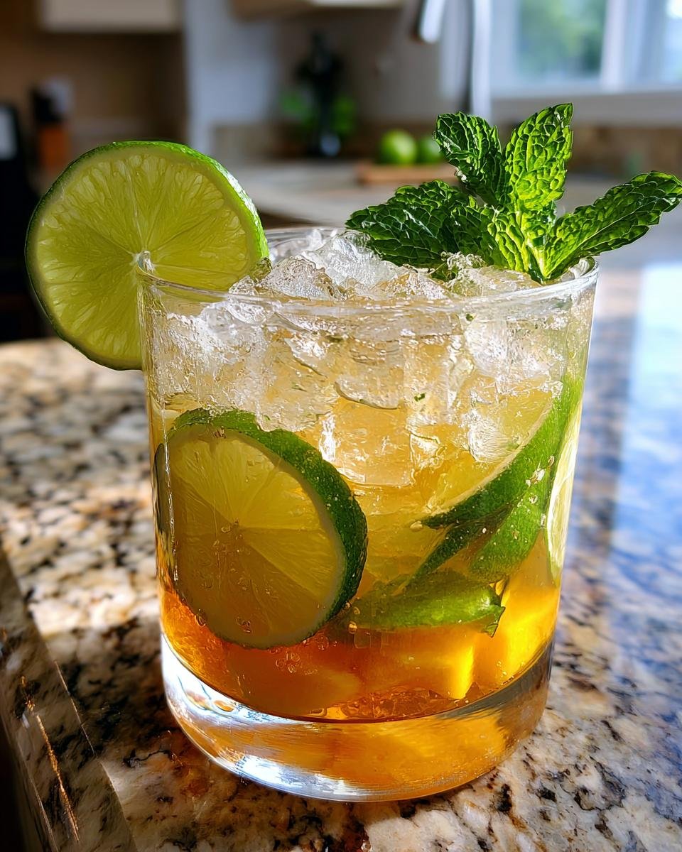 A close-up of a Spicy Mango Lime Mocktail in a glass, filled with ice, lime slices, mint, and mango chunks.