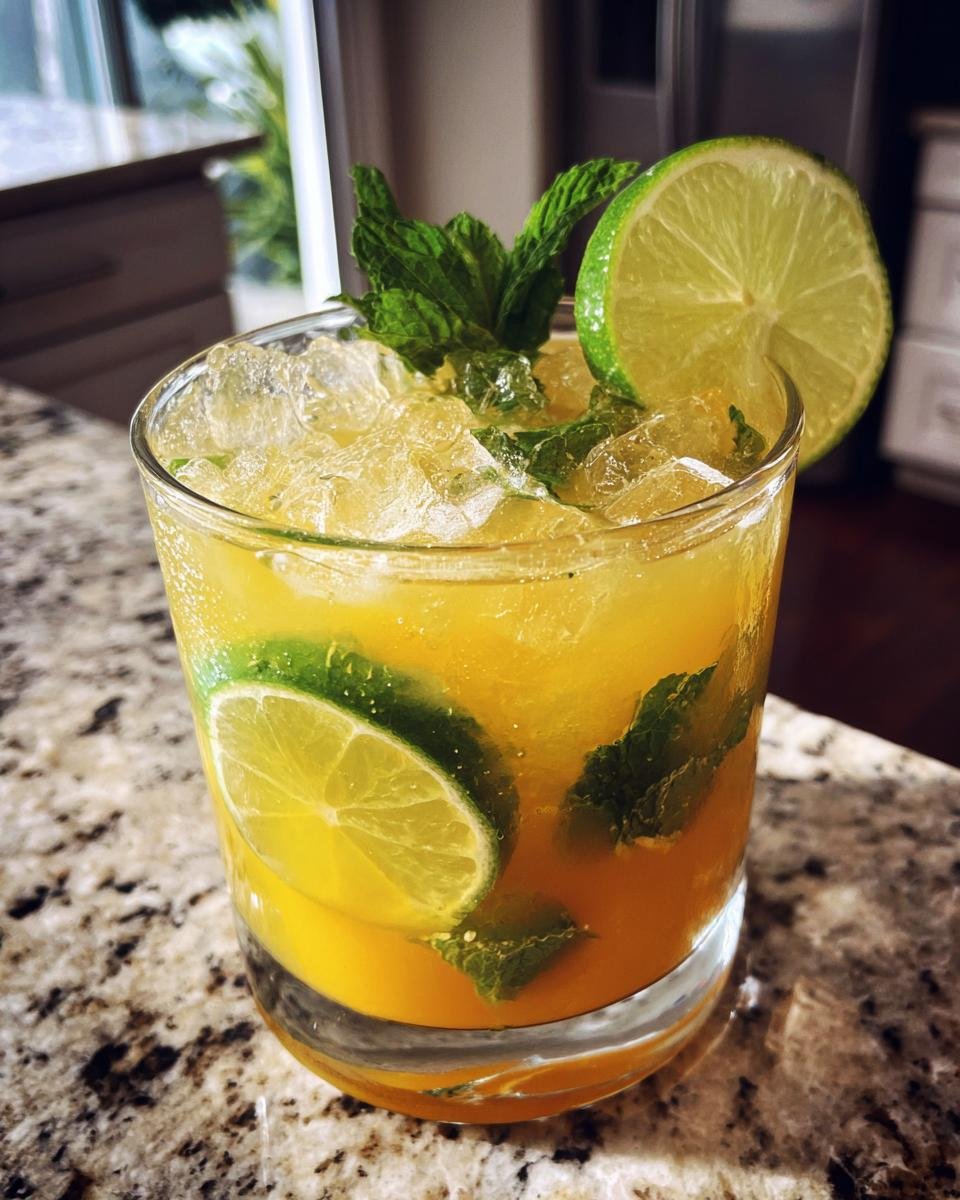 A close-up of a Spicy Mango Lime Mocktail in a glass filled with ice, mint, and lime slices.