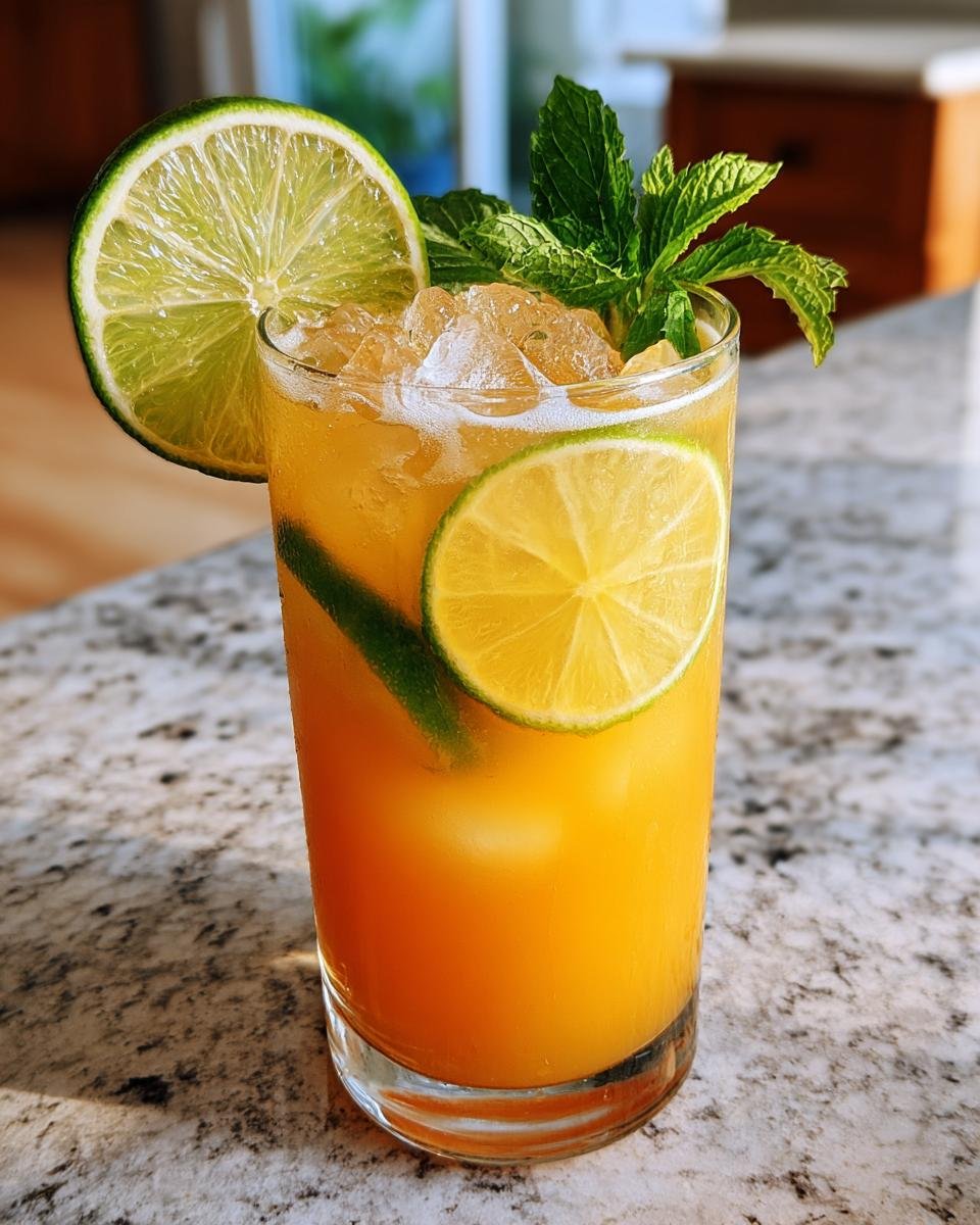 A refreshing Spicy Mango Lime Mocktail in a tall glass, garnished with lime slices and fresh mint leaves, filled with ice.