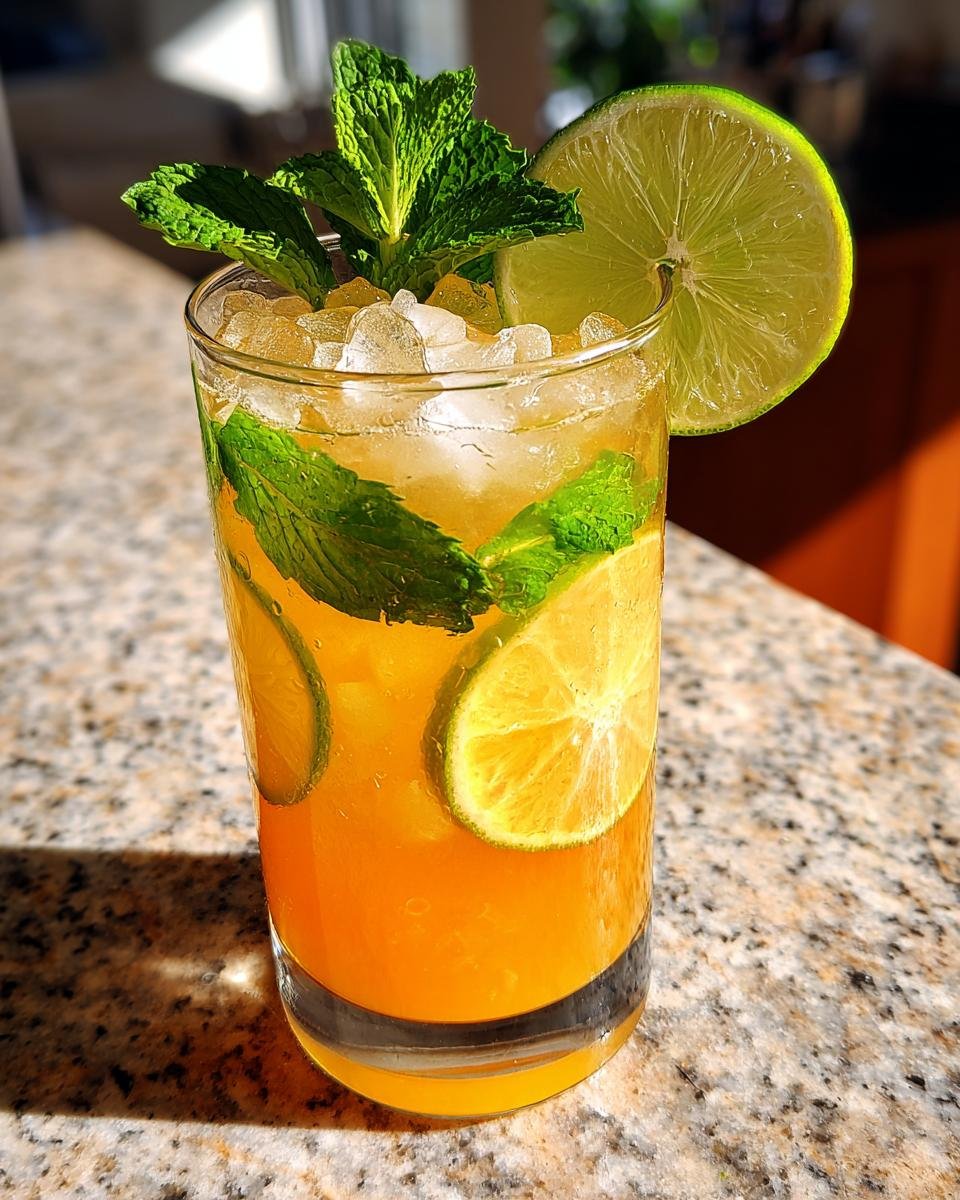 A tall glass filled with a vibrant orange Spicy Mango Lime Mocktail, crushed ice, fresh mint, and lime slices.