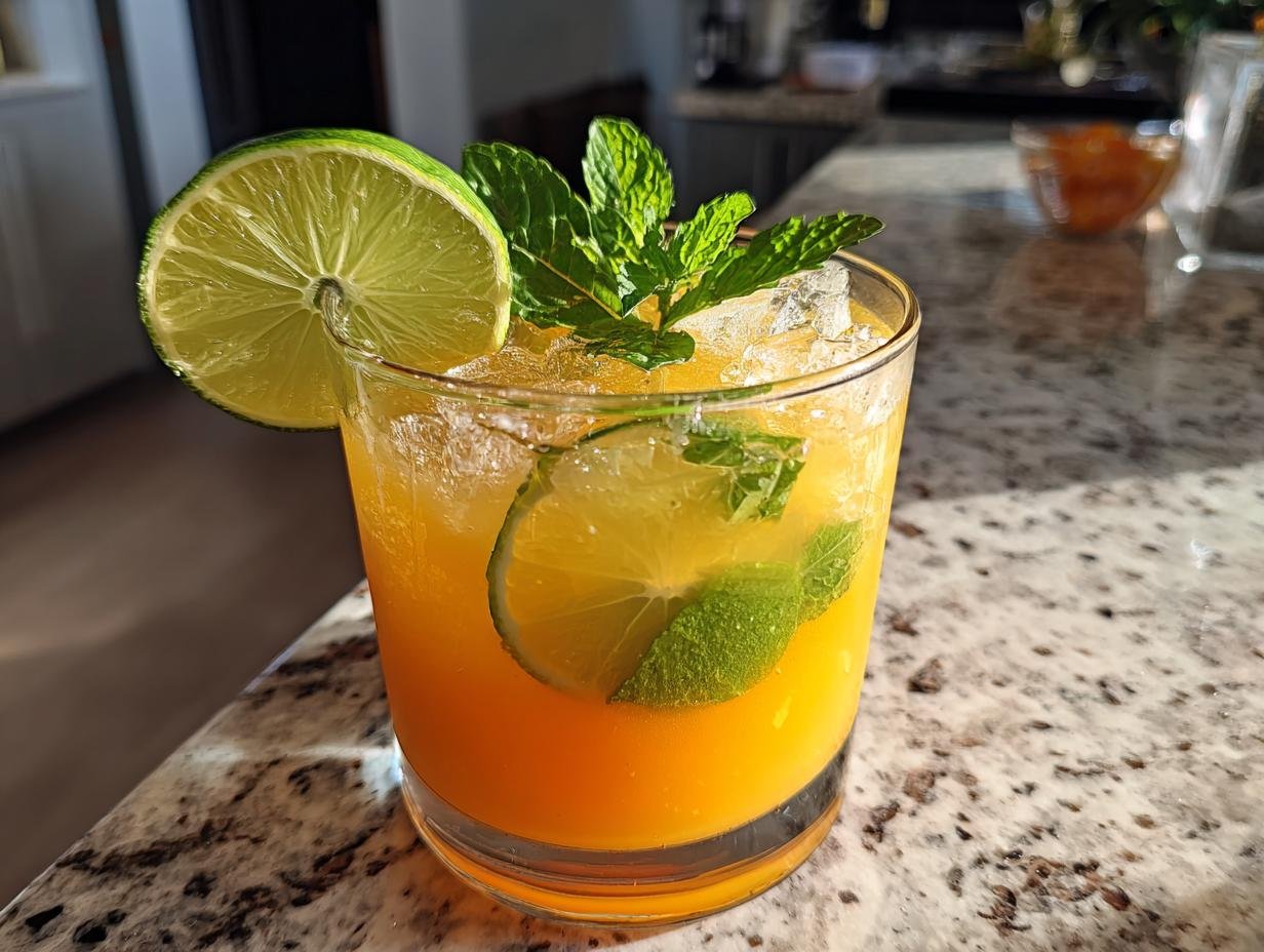 A vibrant Spicy Mango Lime Mocktail in a glass, garnished with lime slices and fresh mint leaves.