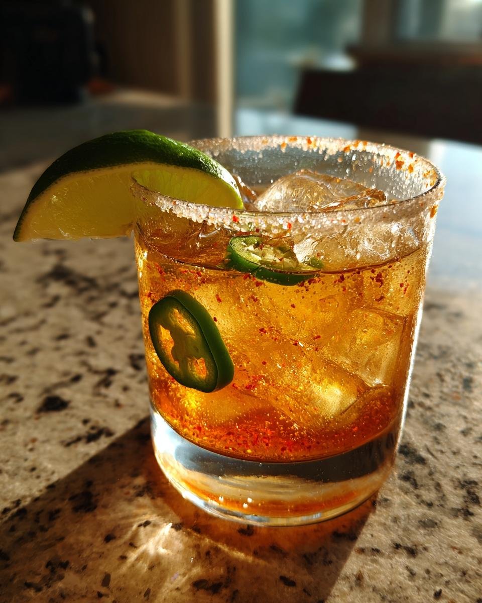 A close-up of a spicy Mezcal cocktail in a glass, garnished with lime and jalapeno slices, with a chili-salt rim.