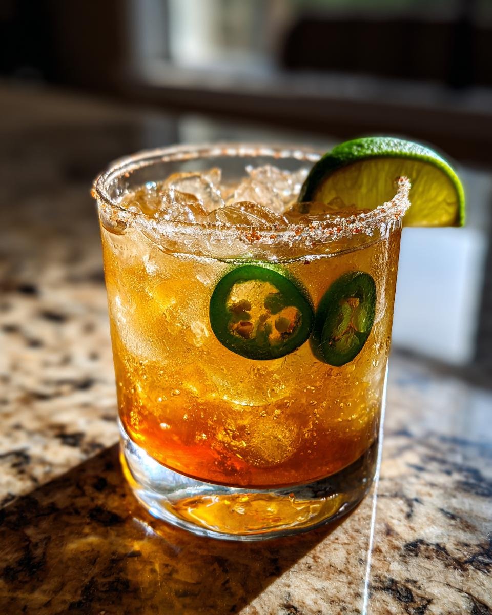 A refreshing Mezcal cocktail with jalape&ntilde;o slices, lime wedge, and a salted rim, perfect for spicy Mezcal cocktail recipes.