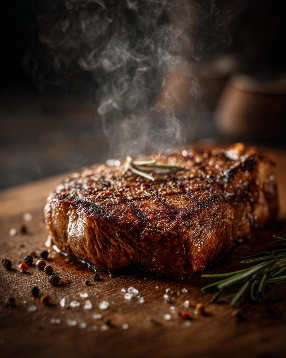 A perfectly grilled steak, steaming and seasoned with rosemary, coarse salt, and peppercorns on a wooden board.