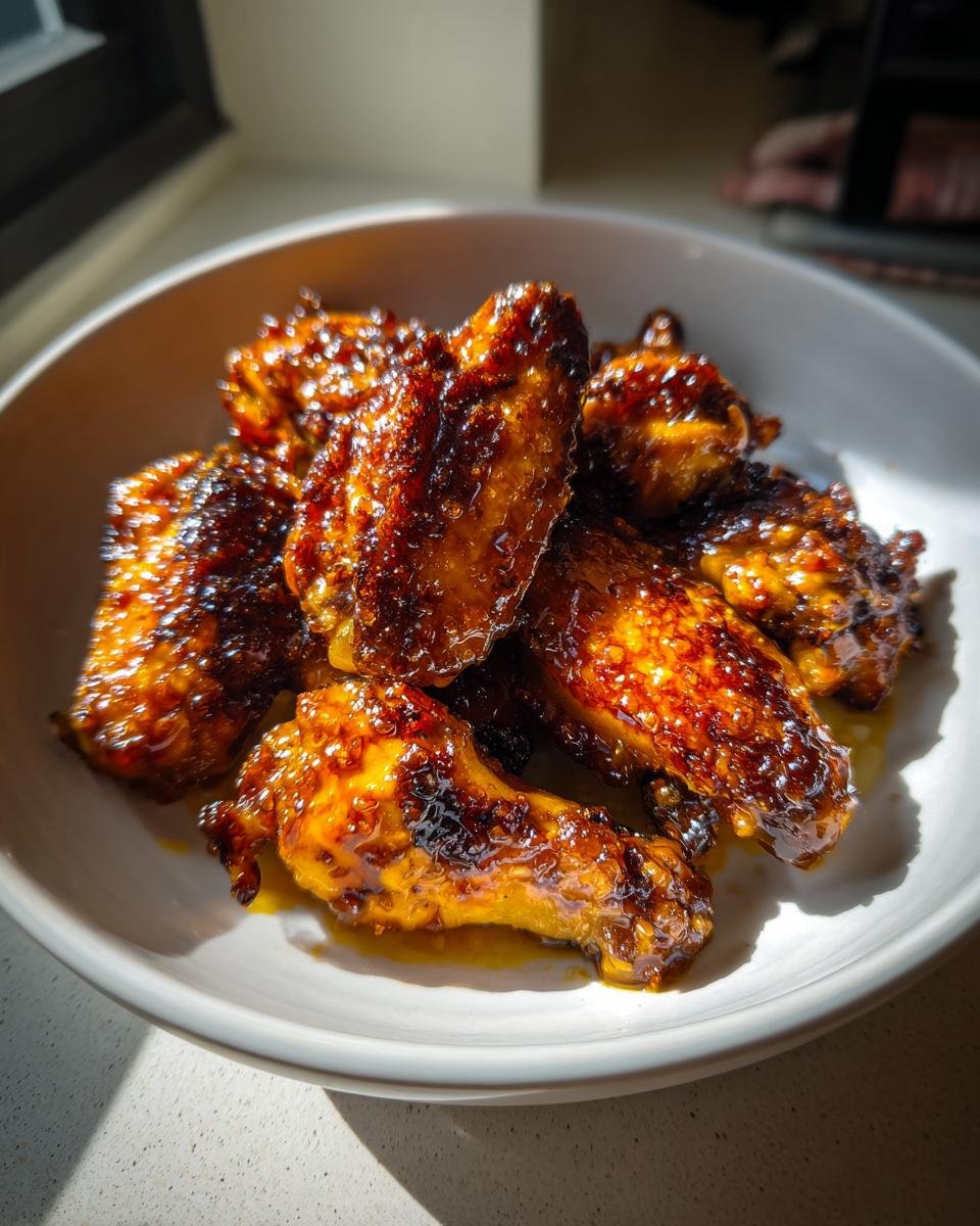 A pile of glistening, caramelized Sticky Maple Apple Chicken Wings served in a light-colored bowl.
