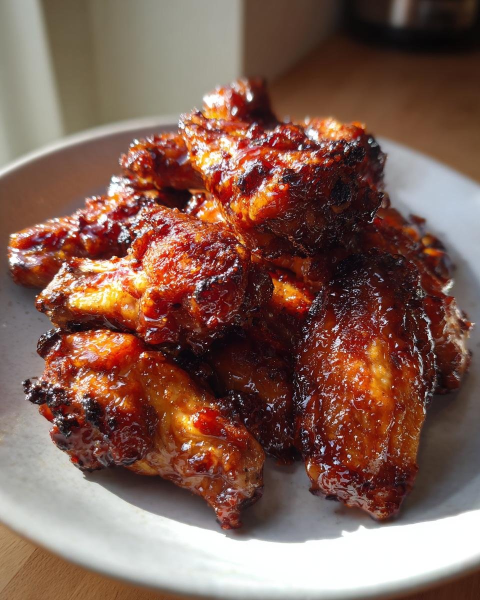 A close-up pile of glistening, caramelized Sticky Maple Apple Chicken Wings on a light gray plate.