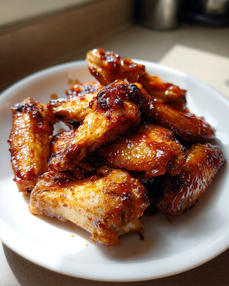 A close-up of golden brown, glazed Sticky Maple Apple Chicken Wings piled on a white plate.