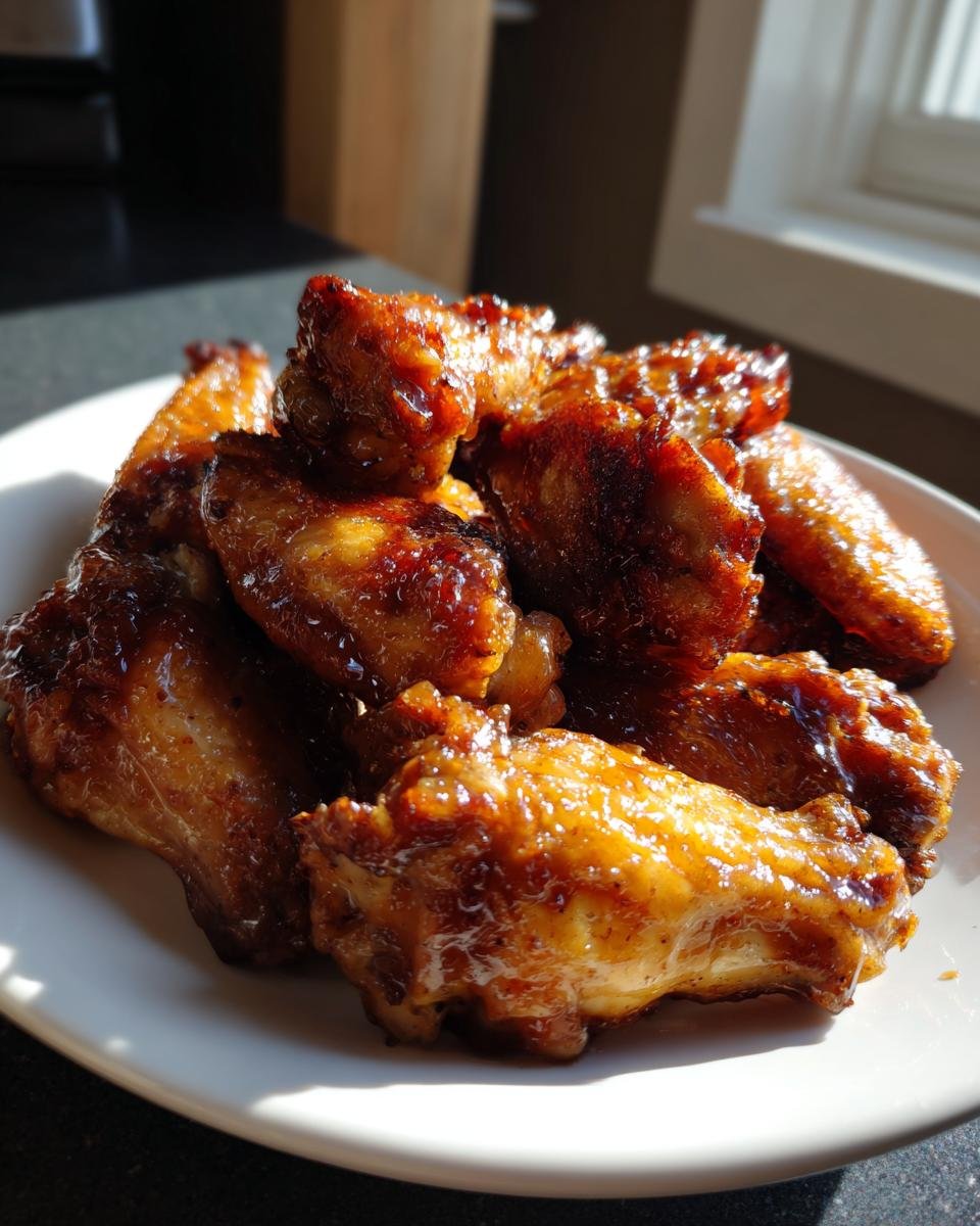 A pile of glossy, caramelized Sticky Maple Apple Chicken Wings glistening under bright sunlight on a white plate.