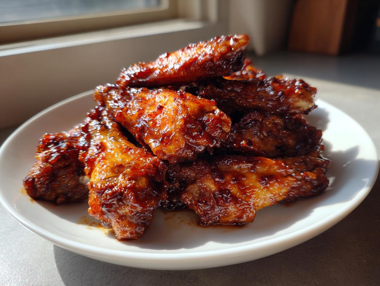 A close-up pile of glazed Sticky Maple Apple Chicken Wings on a white plate.